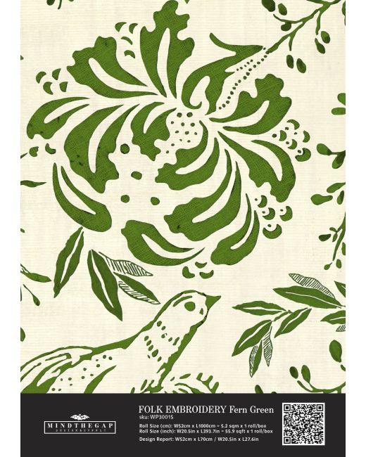 FOLK EMBROIDERY Fern Green Wallpaper Sample
